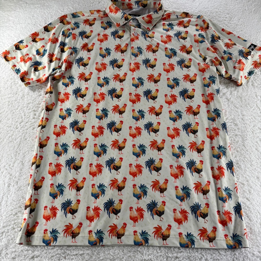 Waggle Golf Polo Shirt Short Sleeve‎ White Rooster Print Stretch Mens L Barstool - Picture 2 of 7